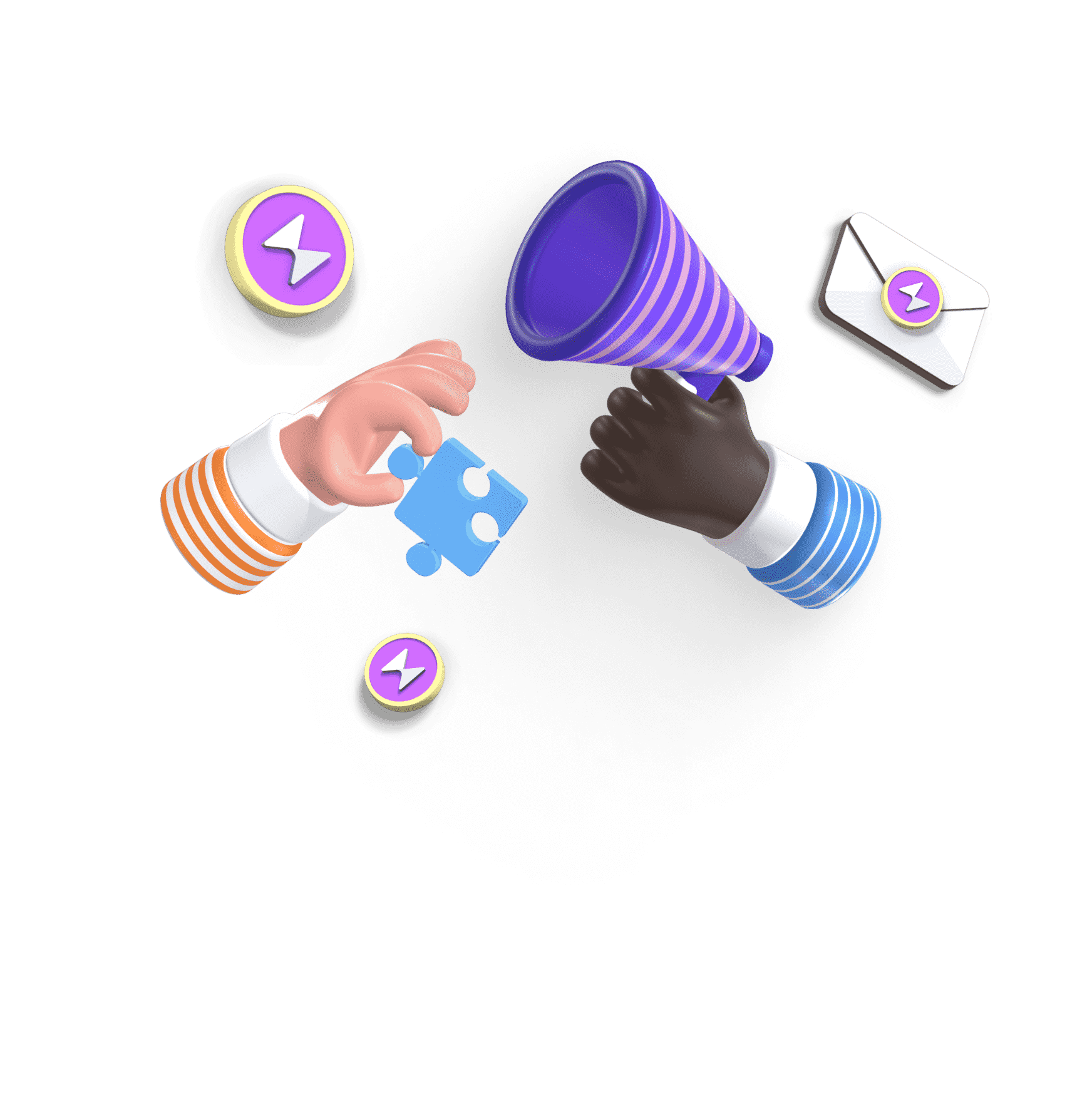 Hands working with puzzle piece and megaphone